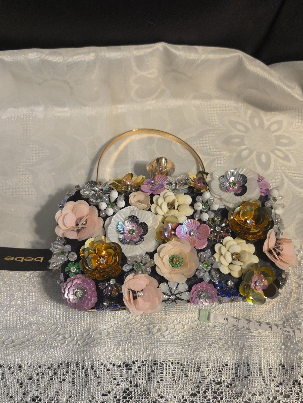 bebe Multicolor Daisy Embellished Clutch with Gold Handle $99 Retail